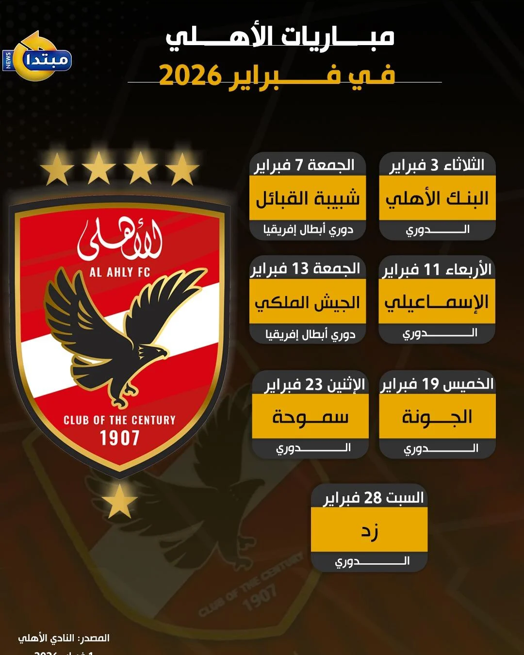 مواجهات نارية تنتظر الأهلي في فبراير 2026